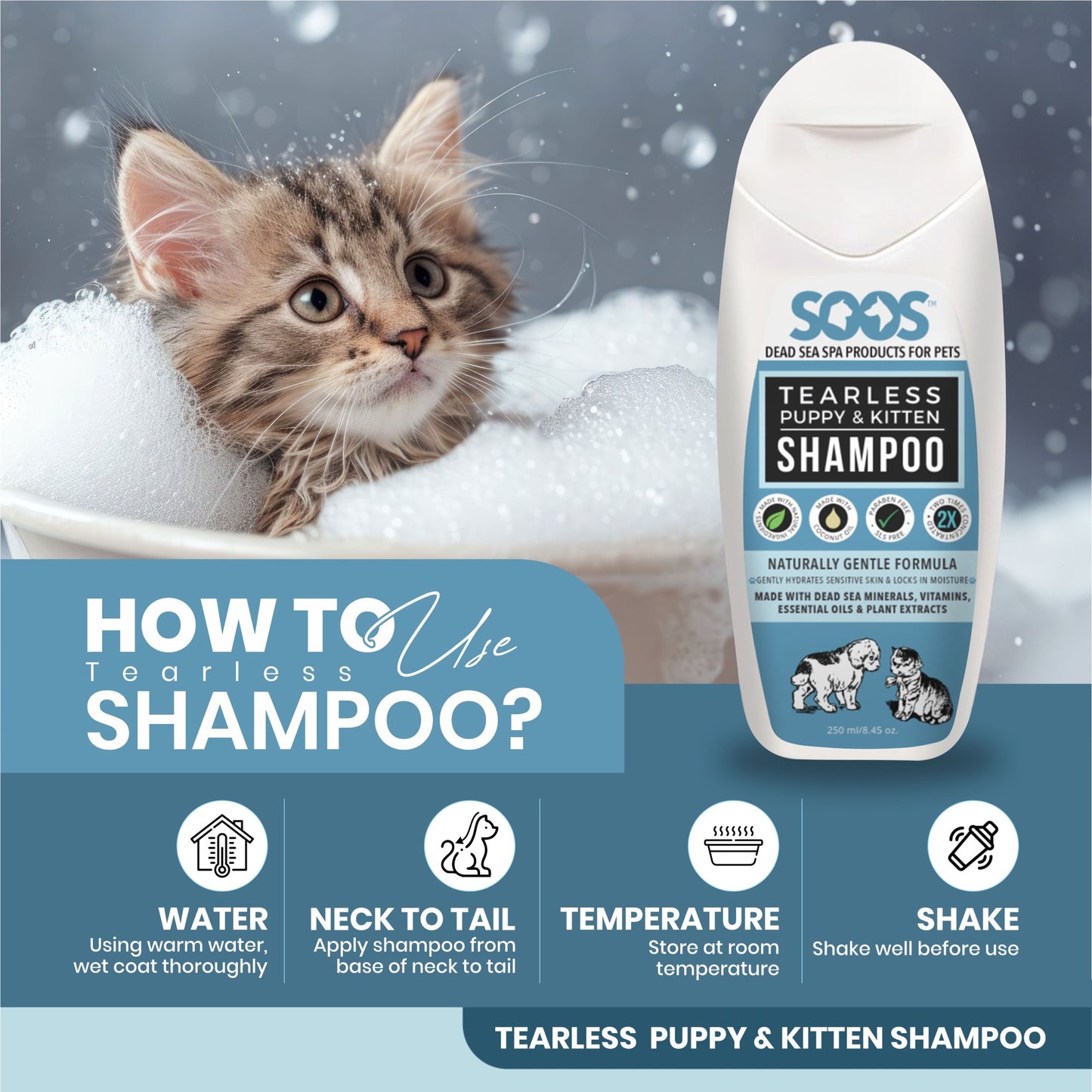 Natural Dead Sea Tearless Puppy & Kitten Pet Shampoo